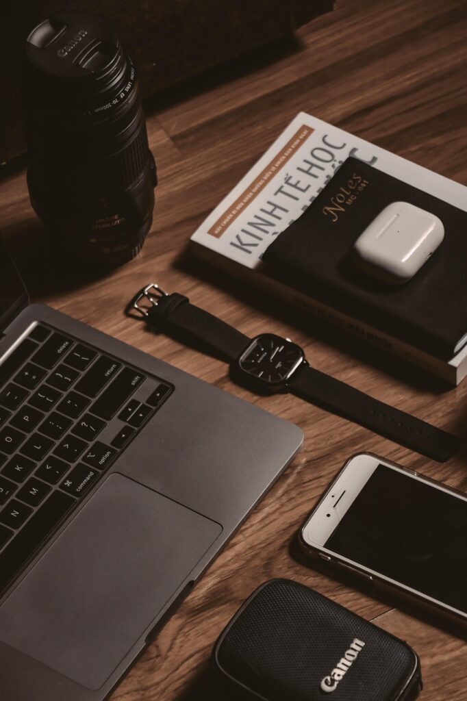 desk, workspace, office desk, laptop, smartphone, book